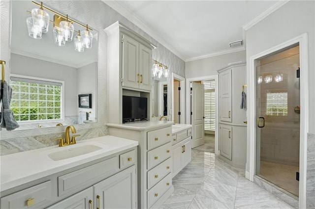 full bathroom with visible vents, crown molding, a stall shower, vanity, and marble finish floor