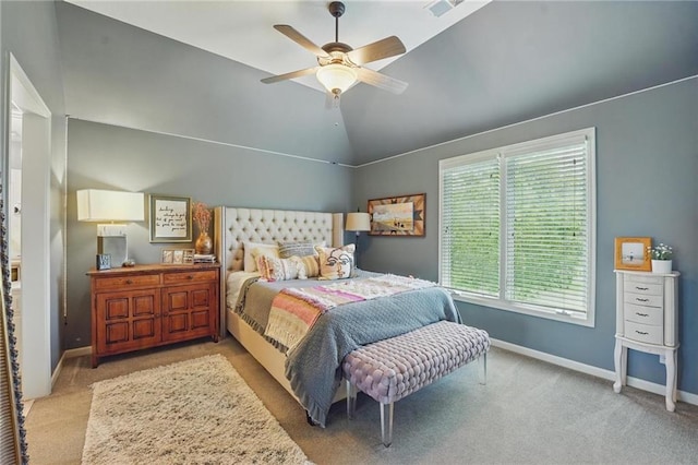 bedroom with ceiling fan, visible vents, vaulted ceiling, carpet floors, and baseboards