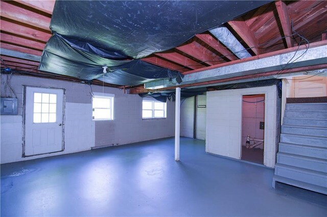 502 W Broadway St, Higginsville, MO 64037 - basement featuring electric panel, concrete block wall, and plenty of natural light