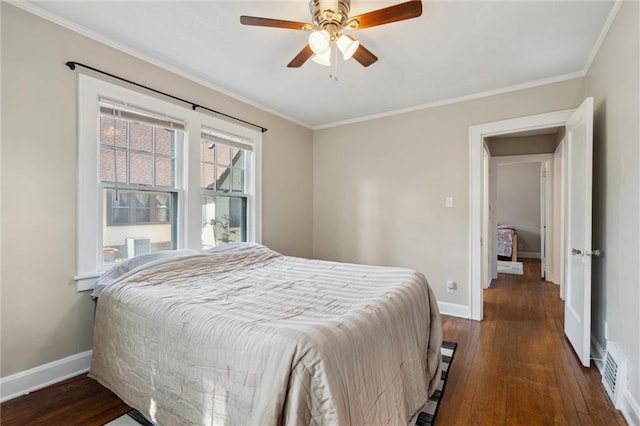 7227 Jefferson St, Kansas City, MO 64114 - bedroom featuring hardwood / wood-style floors, baseboards, ornamental molding, and a ceiling fan