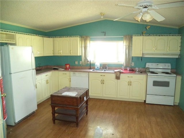 kitchen featuring wood finished floors, white appliances, ceiling fan, lofted ceiling, and under cabinet range hood