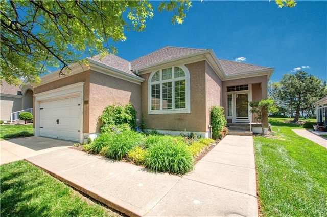 13423 Pennsylvania Ct, Kansas City, MO 64145 - view of front of house with stucco siding, a garage, a front yard, and concrete driveway