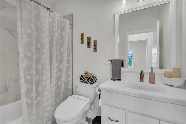 full bath with toilet, shower / bath combination with curtain, and vanity
