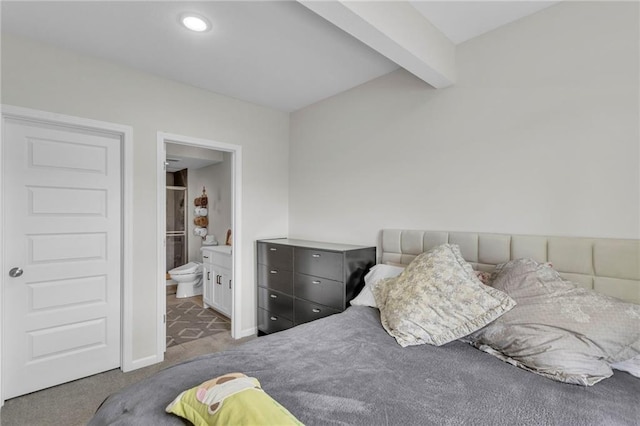 bedroom featuring carpet floors, baseboards, beamed ceiling, ensuite bathroom, and recessed lighting