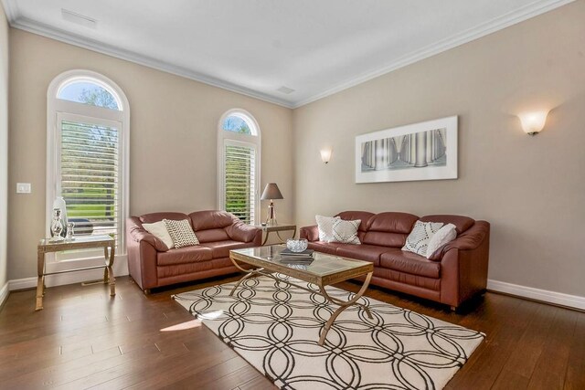 9705 Sunset Cir, Lenexa, KS 66220 - living room featuring visible vents, baseboards, dark wood-type flooring, and ornamental molding