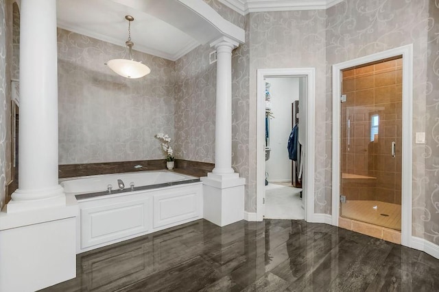 9705 Sunset Cir, Lenexa, KS 66220 - full bathroom featuring wallpapered walls, a bath, crown molding, decorative columns, and a stall shower