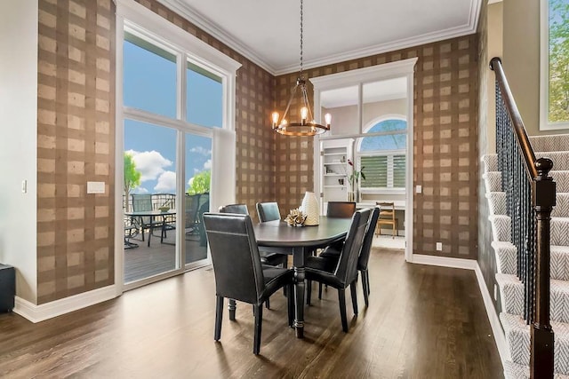 9705 Sunset Cir, Lenexa, KS 66220 - dining area with wallpapered walls, baseboards, a chandelier, and dark wood finished floors