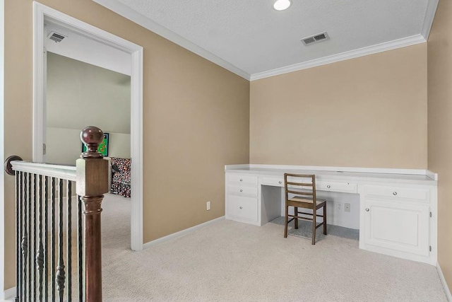 9705 Sunset Cir, Lenexa, KS 66220 - home office with built in study area, light carpet, ornamental molding, and visible vents