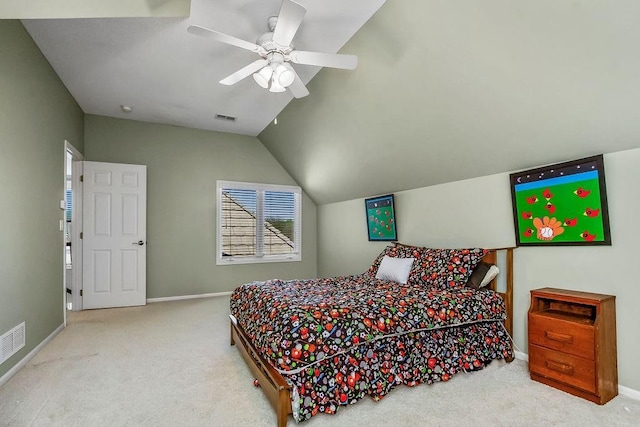 9705 Sunset Cir, Lenexa, KS 66220 - carpeted bedroom with ceiling fan, baseboards, vaulted ceiling, and visible vents