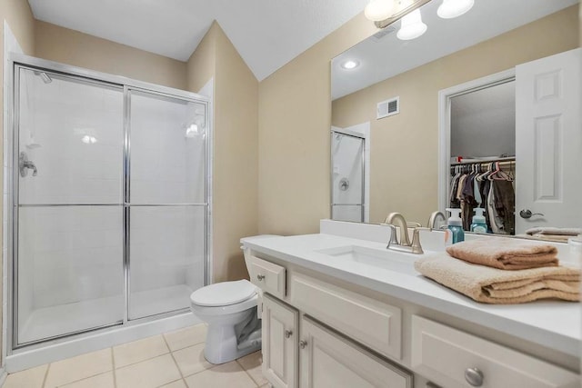 9705 Sunset Cir, Lenexa, KS 66220 - bathroom with a shower stall, toilet, tile patterned flooring, and visible vents