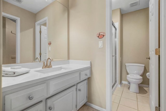 9705 Sunset Cir, Lenexa, KS 66220 - bathroom with visible vents, toilet, vanity, baseboards, and a stall shower