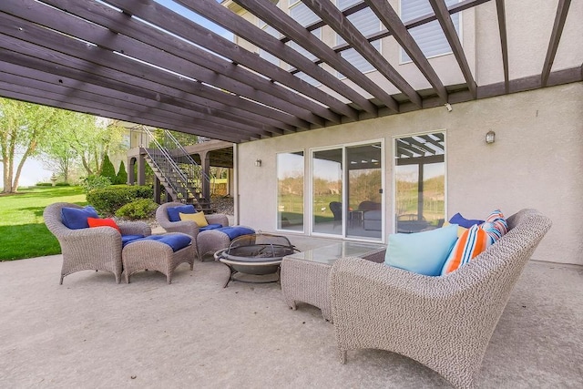 9705 Sunset Cir, Lenexa, KS 66220 - view of patio / terrace featuring a pergola, stairs, and an outdoor fire pit