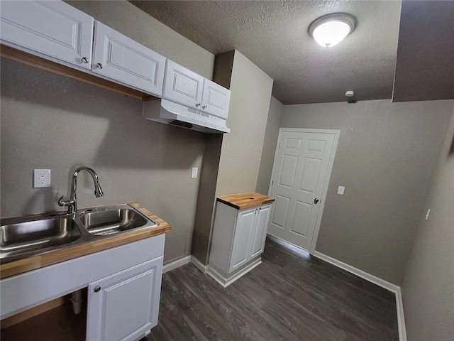 118-148 N Lawn Ave, Kansas City, MO 64123 - kitchen featuring dark wood finished floors, a sink, baseboards, butcher block countertops, and a textured ceiling