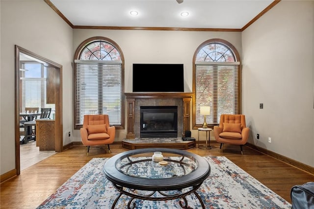 living area featuring a glass covered fireplace, ornamental molding, and wood finished floors