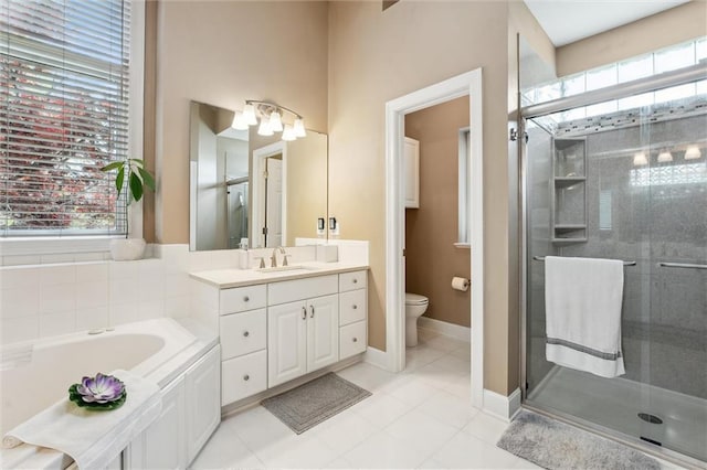 full bathroom featuring vanity, toilet, a shower stall, and plenty of natural light