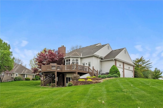 back of house featuring a lawn, a deck, a chimney, and stairs
