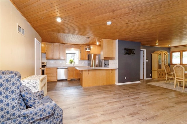 1804 Kenmar Dr, Manhattan, KS 66502 - kitchen featuring appliances with stainless steel finishes, wooden ceiling, light countertops, open floor plan, and light wood-style floors