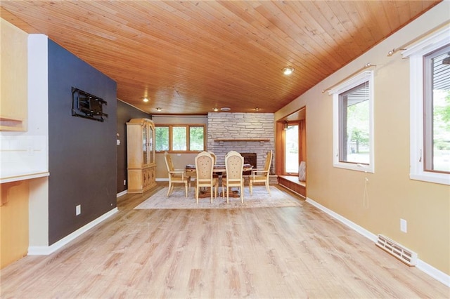 1804 Kenmar Dr, Manhattan, KS 66502 - dining area with wooden ceiling, light wood-style flooring, a stone fireplace, and baseboards