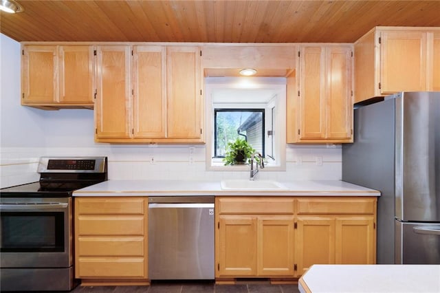 1804 Kenmar Dr, Manhattan, KS 66502 - kitchen featuring appliances with stainless steel finishes, a sink, wood ceiling, light brown cabinets, and light countertops