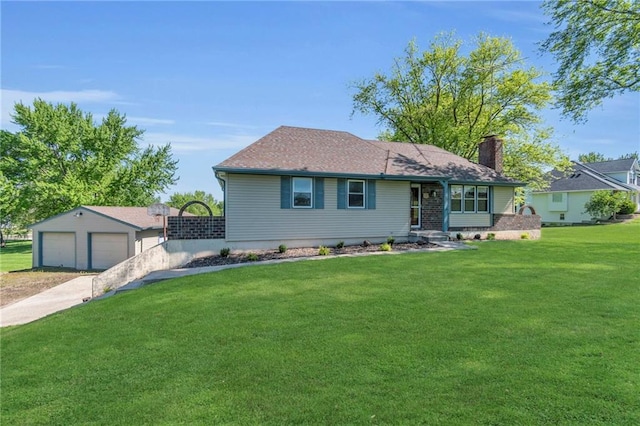 ranch-style house with a garage, a chimney, and a front lawn