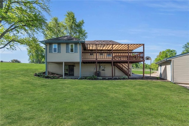 back of house featuring a wooden deck, stairs, a yard, and cooling unit