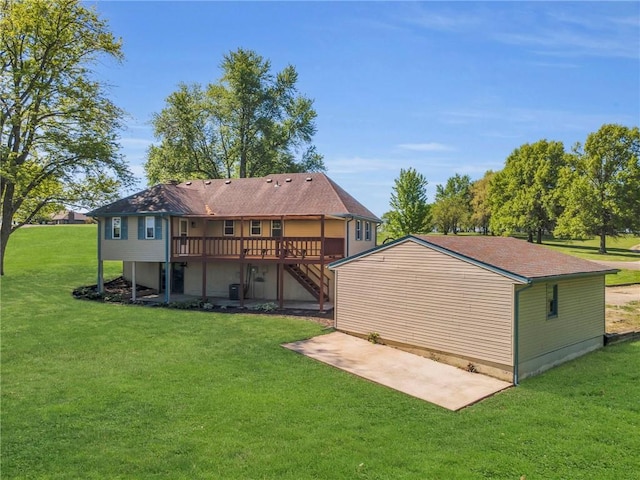back of property featuring stairs, a wooden deck, a patio, and a yard
