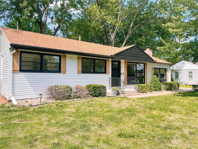 408 W 101st Ter, Kansas City, MO 64114 - single story home with a chimney, roof with shingles, and a front yard