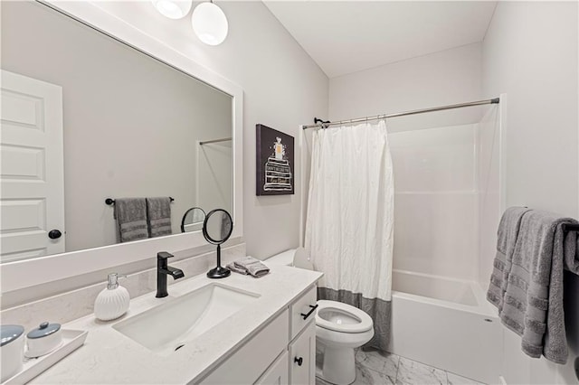 full bath featuring marble finish floor, toilet, vanity, and shower / bath combo with shower curtain