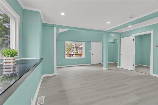 2723 Kimball Ave, Kansas City, KS 66104 - interior space featuring baseboards, recessed lighting, wood finished floors, and ornamental molding