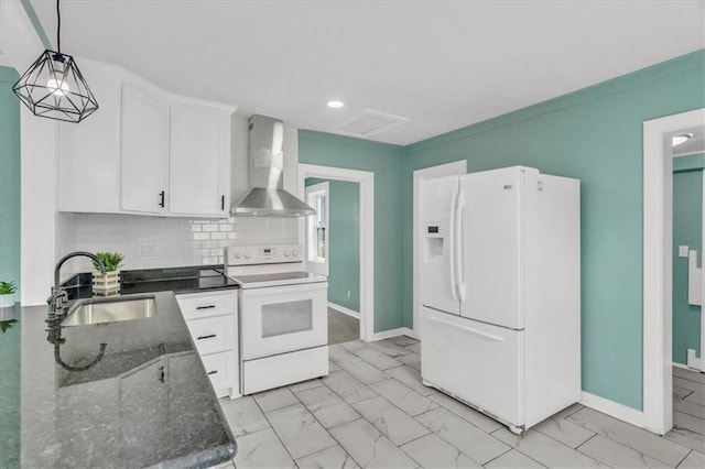 2723 Kimball Ave, Kansas City, KS 66104 - kitchen featuring a sink, white appliances, marble finish floor, and wall chimney exhaust hood