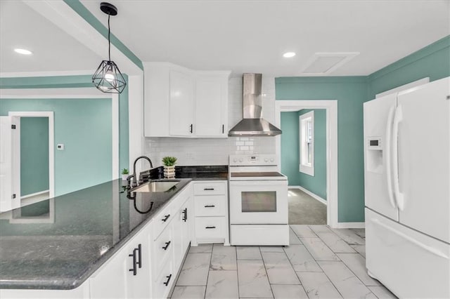 2723 Kimball Ave, Kansas City, KS 66104 - kitchen with a sink, wall chimney exhaust hood, marble finish floor, white cabinetry, and white appliances