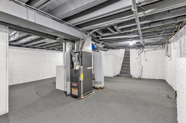 2723 Kimball Ave, Kansas City, KS 66104 - unfinished below grade area featuring stairs, gas water heater, and heating unit