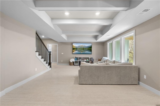 5566 Thousand Oaks Dr, Parkville, MO 64152 - living area featuring stairway, visible vents, baseboards, and light carpet