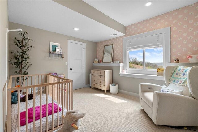 5566 Thousand Oaks Dr, Parkville, MO 64152 - bedroom with recessed lighting, a crib, wallpapered walls, and carpet floors