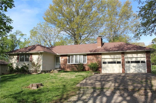 single story home featuring brick siding, a garage, a front yard, a chimney, and driveway