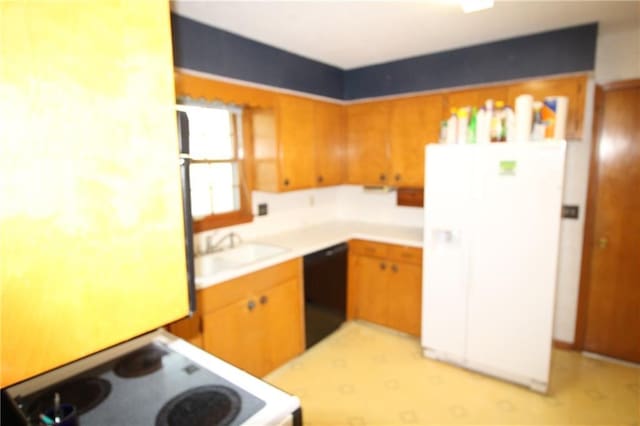 kitchen featuring electric range, white refrigerator with ice dispenser, light countertops, a sink, and black dishwasher
