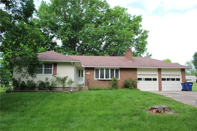 1211 Spruce St, Eudora, KS 66025 - ranch-style house featuring an attached garage, a chimney, driveway, a front yard, and brick siding