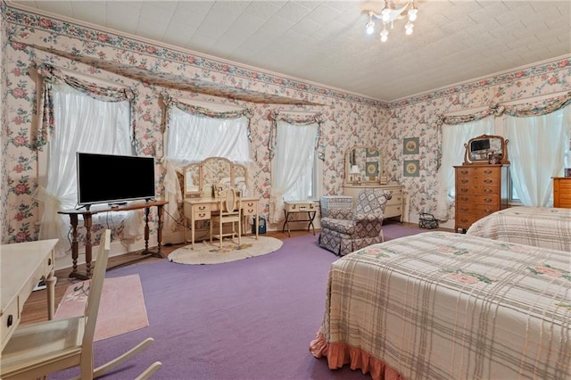 bedroom featuring wallpapered walls, carpet, and crown molding