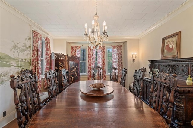 dining room with ornamental molding and a notable chandelier