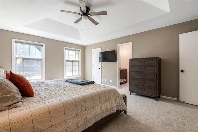28274 W 311th St, Paola, KS 66071 - bedroom featuring a tray ceiling, light colored carpet, ensuite bathroom, and ceiling fan