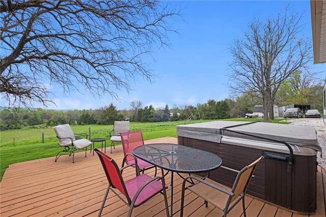 28274 W 311th St, Paola, KS 66071 - wooden terrace featuring a hot tub, a lawn, and a rural view