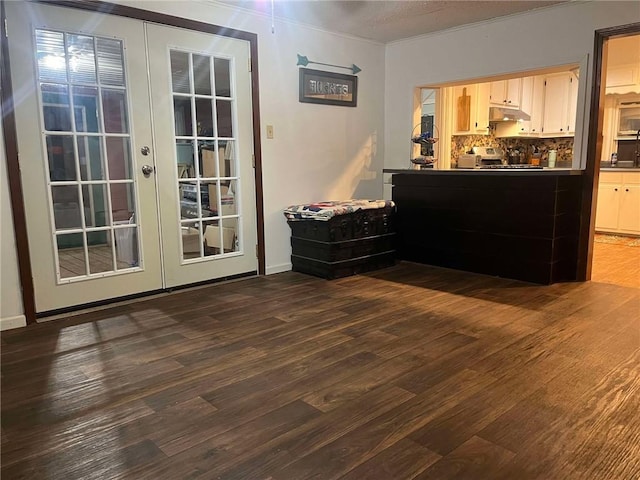 interior space with a sink, dark wood-style floors, under cabinet range hood, french doors, and backsplash