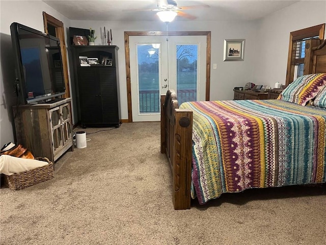 bedroom with french doors, a ceiling fan, access to exterior, and carpet floors