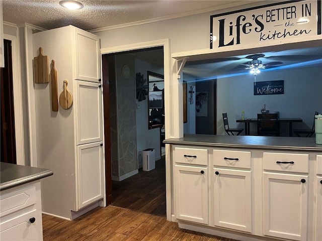 kitchen featuring crown molding, ceiling fan, white cabinetry, and dark wood finished floors