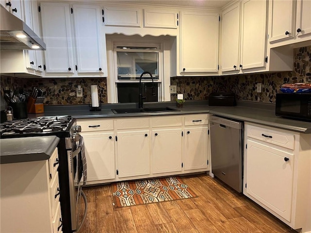 kitchen featuring a sink, appliances with stainless steel finishes, dark countertops, light wood finished floors, and ventilation hood