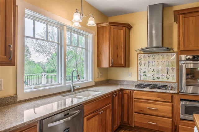 8725 Nebo Hills Rd, Liberty, MO 64068 - kitchen with brown cabinets, light stone counters, a sink, wall chimney exhaust hood, and stainless steel appliances