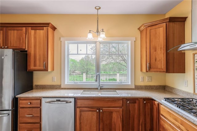 8725 Nebo Hills Rd, Liberty, MO 64068 - kitchen featuring a sink, stainless steel appliances, brown cabinets, and a healthy amount of sunlight