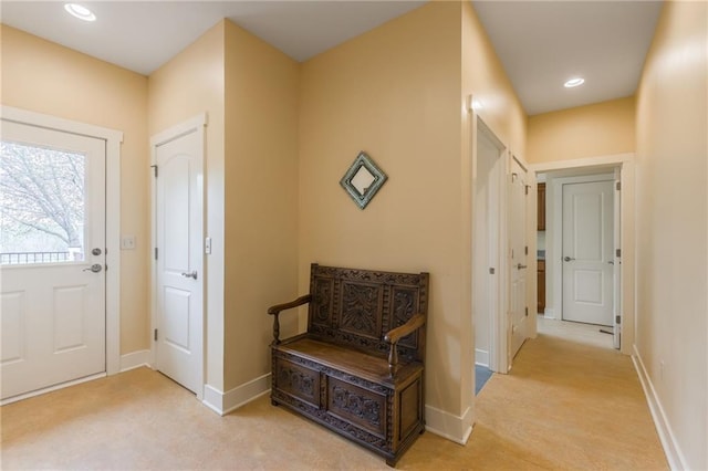 8725 Nebo Hills Rd, Liberty, MO 64068 - foyer entrance featuring baseboards, light carpet, and recessed lighting