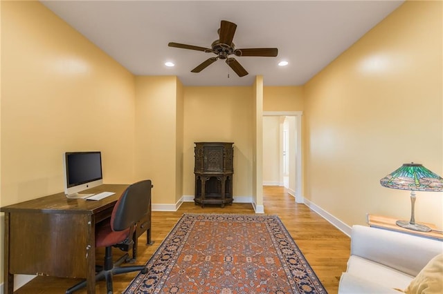 8725 Nebo Hills Rd, Liberty, MO 64068 - office area featuring baseboards, recessed lighting, ceiling fan, and wood finished floors