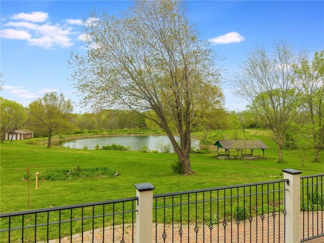 8725 Nebo Hills Rd, Liberty, MO 64068 - exterior space with a water view, a gazebo, and fence
